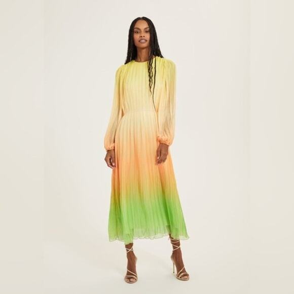 NWTs SOMETHING NAVY Pleated Long Sleeve Dress In Yellow/Orange Ombre (S) - Picture 1 of 16